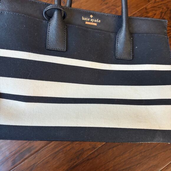 Kate Spade Madison Stripe Saffiano Leather and Canvas Satchel Tote Black White - Picture 10 of 14
